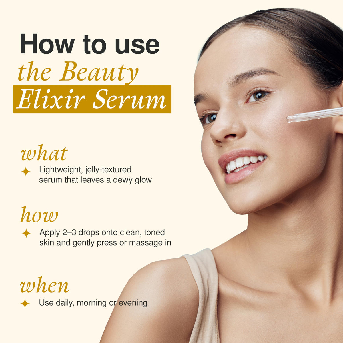 The Beauty Elixir anti-aging serum closeup shows a silky texture and glow.