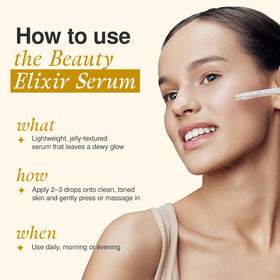 The Beauty Elixir anti-aging serum closeup shows a silky texture and glow.