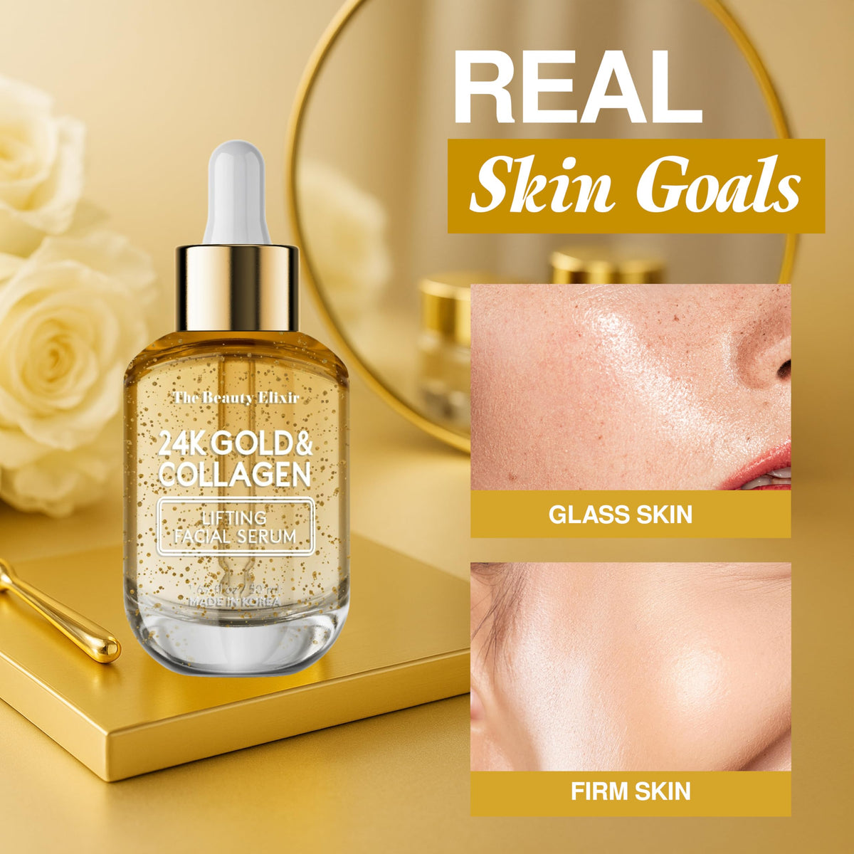 The Beauty Elixir product on display reinforces trust with dermatologist-tested branding.