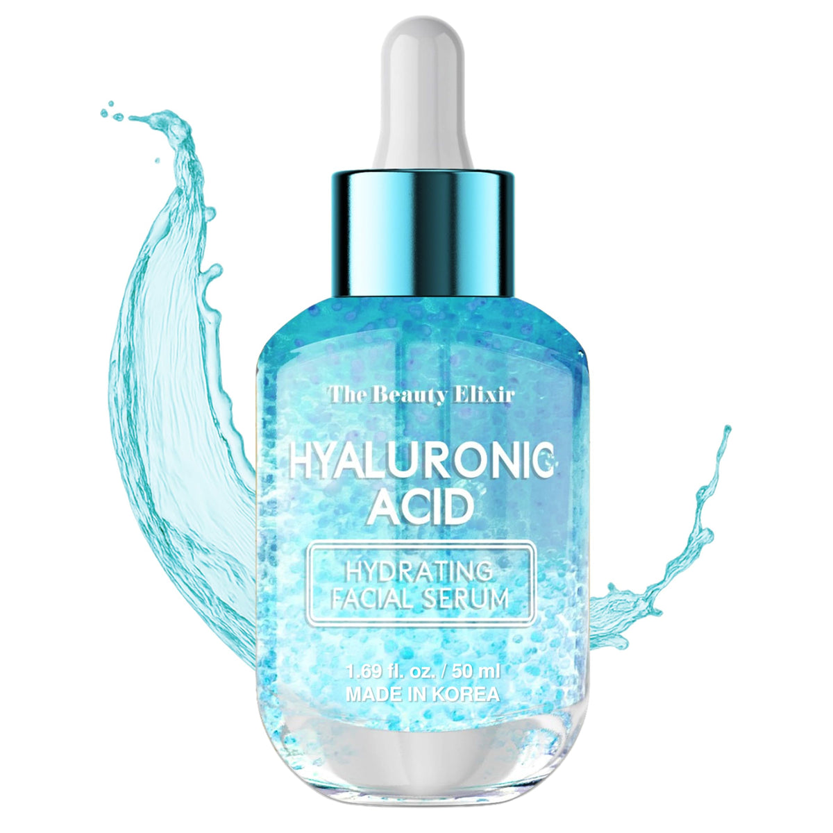 The Beauty Elixir Hyaluronic Serum bottle delivers deep hydration for radiant skin.
