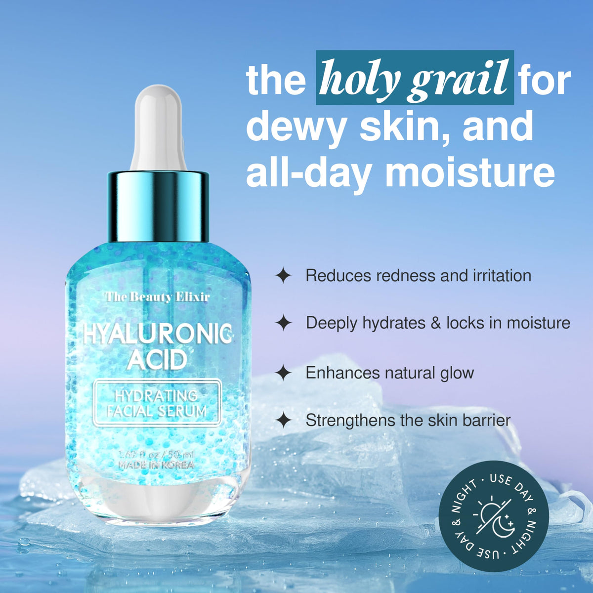 The Beauty Elixir Hyaluronic Serum Dropper enables precise application for smoother texture.