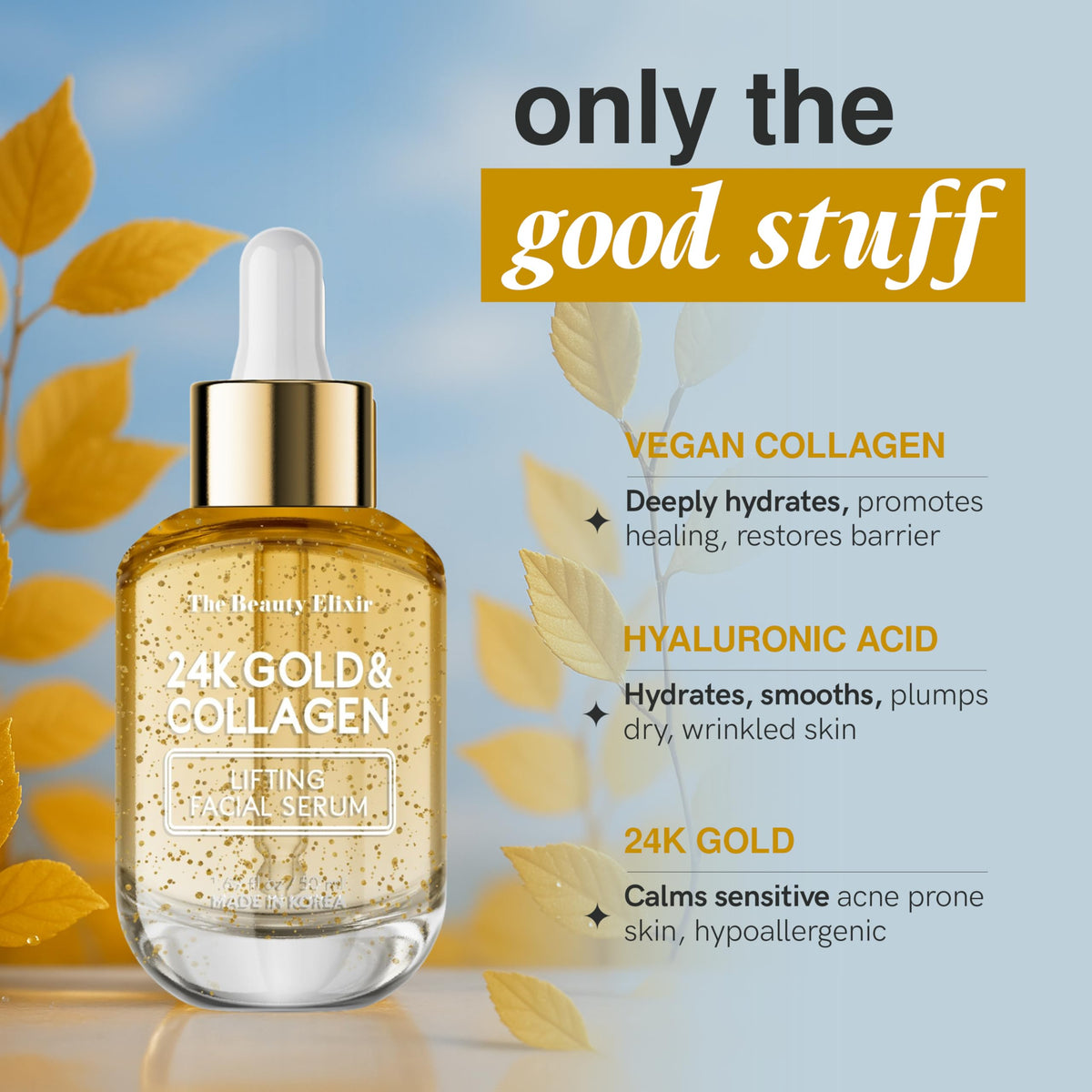 The Beauty Elixir packaging sleek bottle on vanity communicates clean beauty.