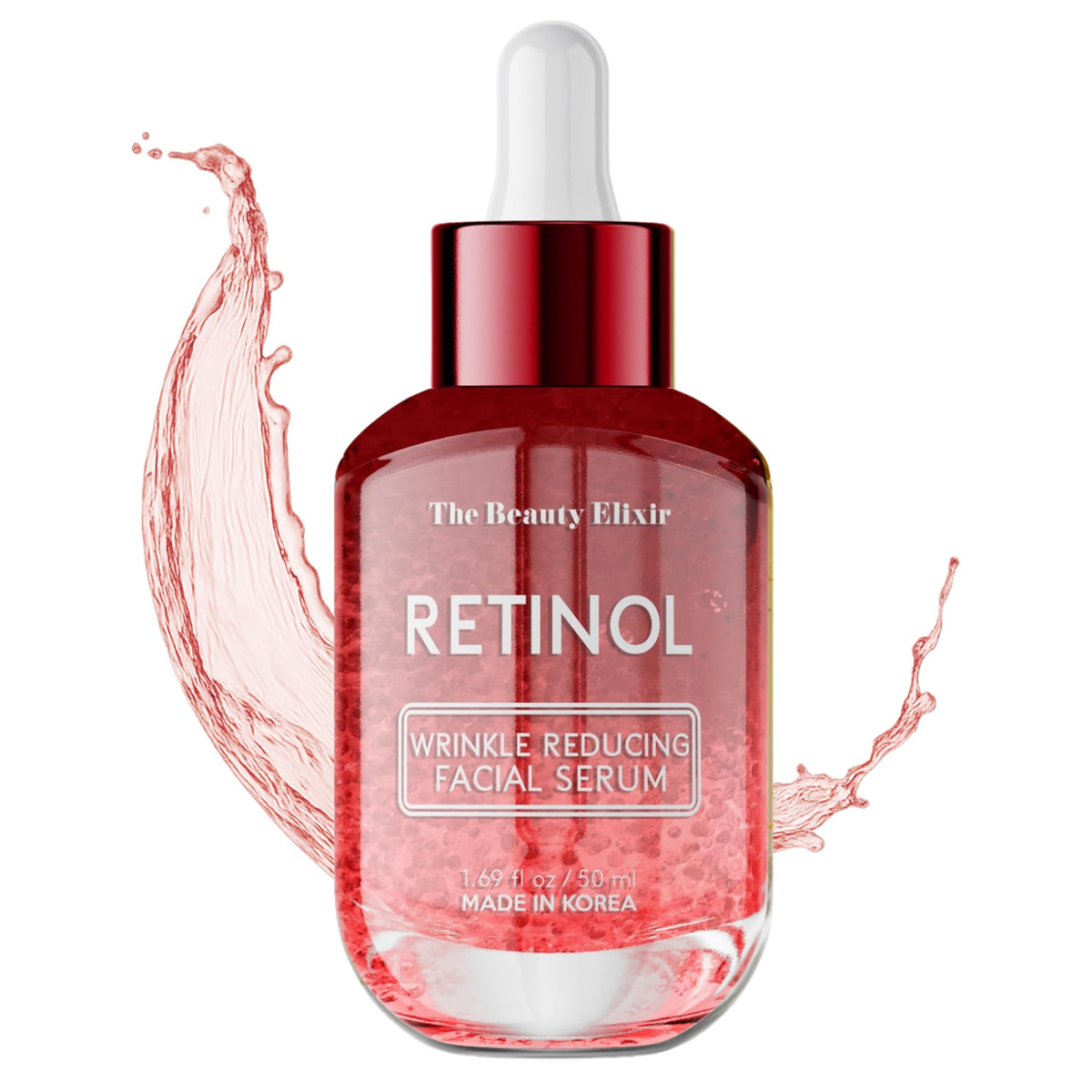The Beauty Elixir Retinol Serum bottle, premium packaging, supports smoother skin
