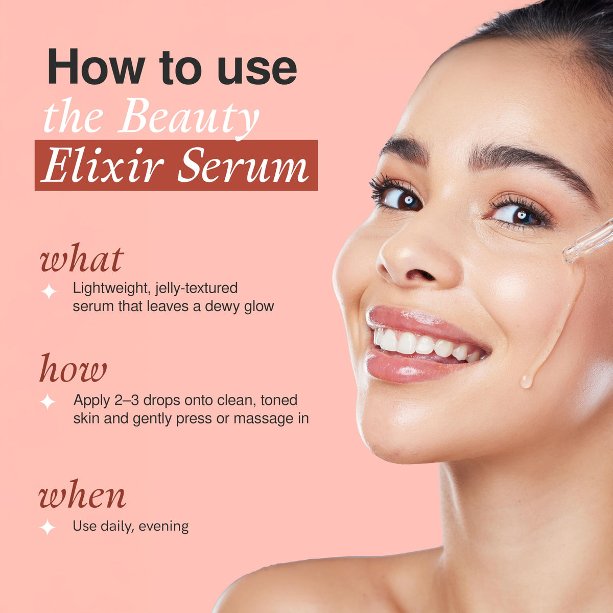 The Beauty Elixir serum dropper drips for precise night-time application