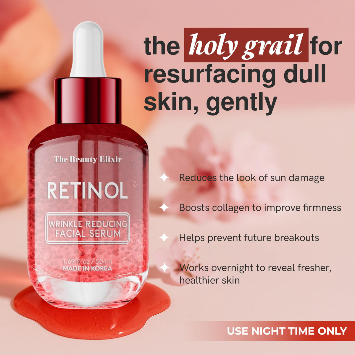 The Beauty Elixir Retinol Serum label indicates clean, vegan, cruelty-free formula