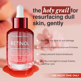 The Beauty Elixir Retinol Serum label indicates clean, vegan, cruelty-free formula