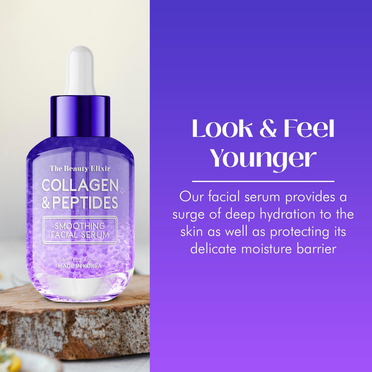 The Beauty Elixir serum dropper closeup demonstrates precise, clean application.