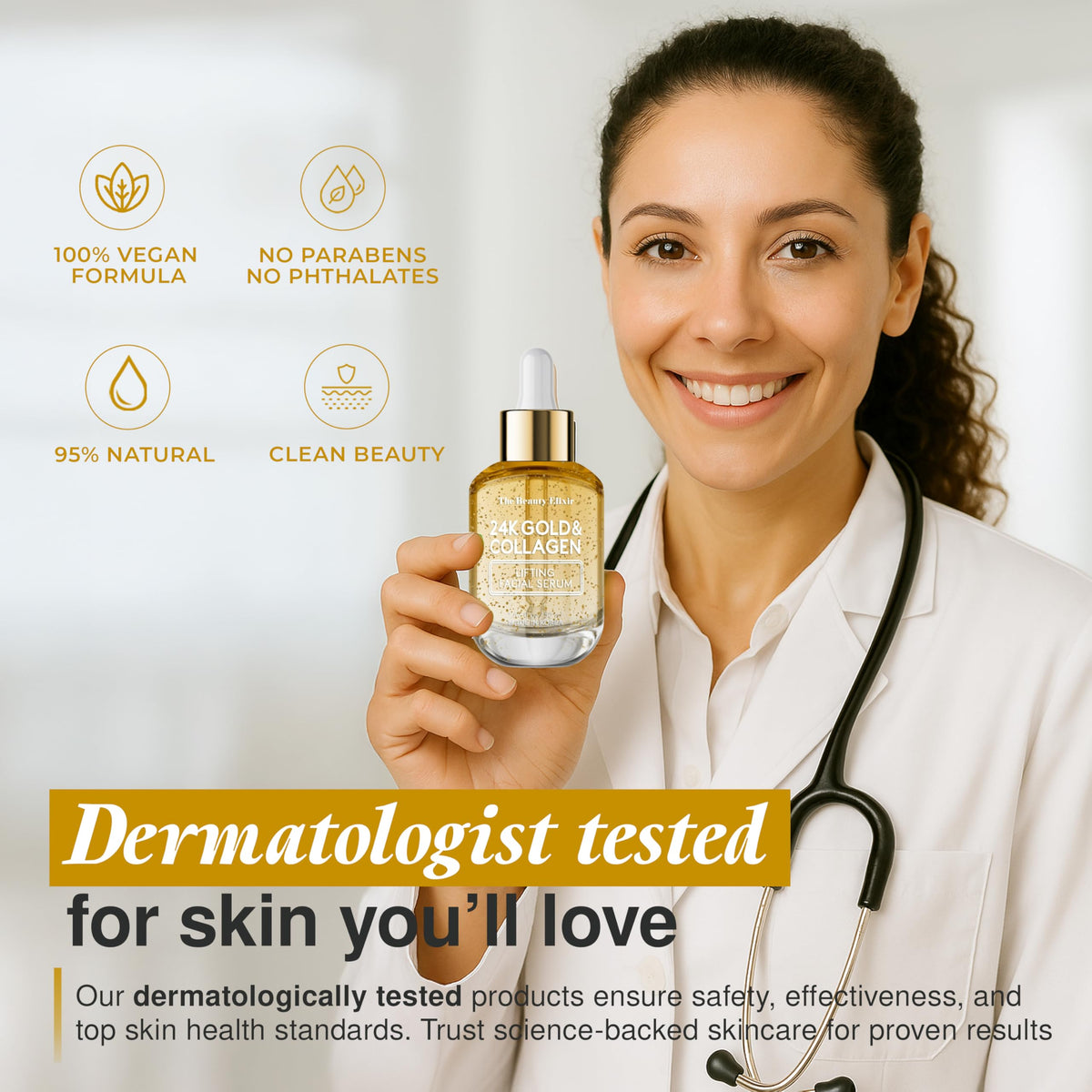 The Beauty Elixir serum swirl texture demonstrates luxurious hydration for all skin types.