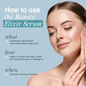 The Beauty Elixir Serum Texture Closeup shows a silky, lightweight formula for daily use.