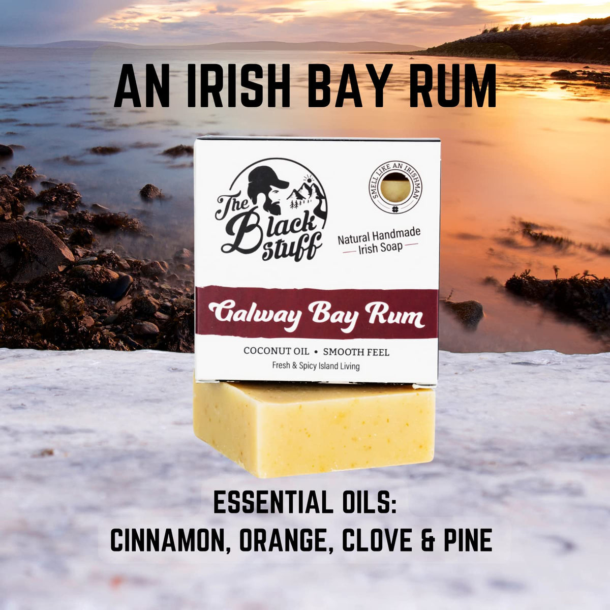 The Black Stuff bay rum soap bar offers bold scent and daily cleansing