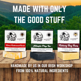 The Black Stuff citrus cedarwood soap bar delivers bright aroma and nourishing feel