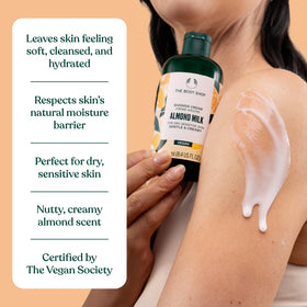Soft, hydrated-looking skin after using The Body Shop Almond Milk Shower Cream.