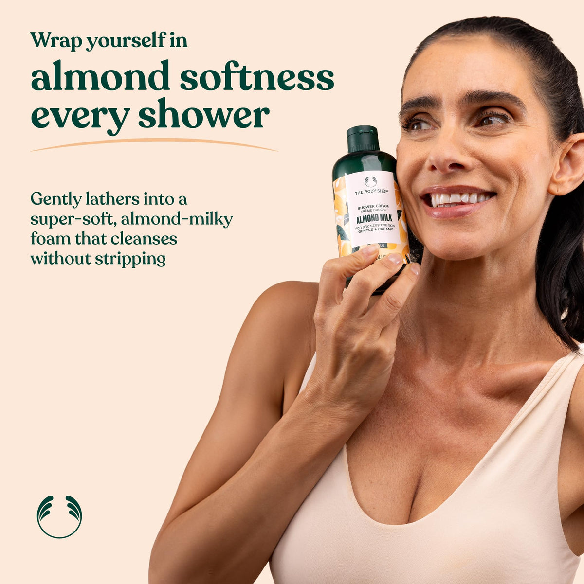 Pump and rich foam of The Body Shop Almond Milk Shower Cream for easy use.