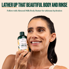 Vegan Society certification badge on Almond Milk Shower Cream packaging.
