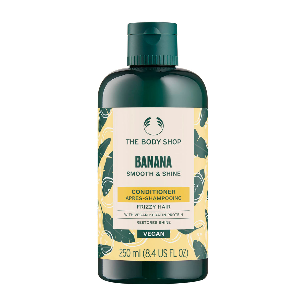 The Body Shop Banana Conditioner bottle close-up highlighting nourishing formula for dry, frizz-prone hair