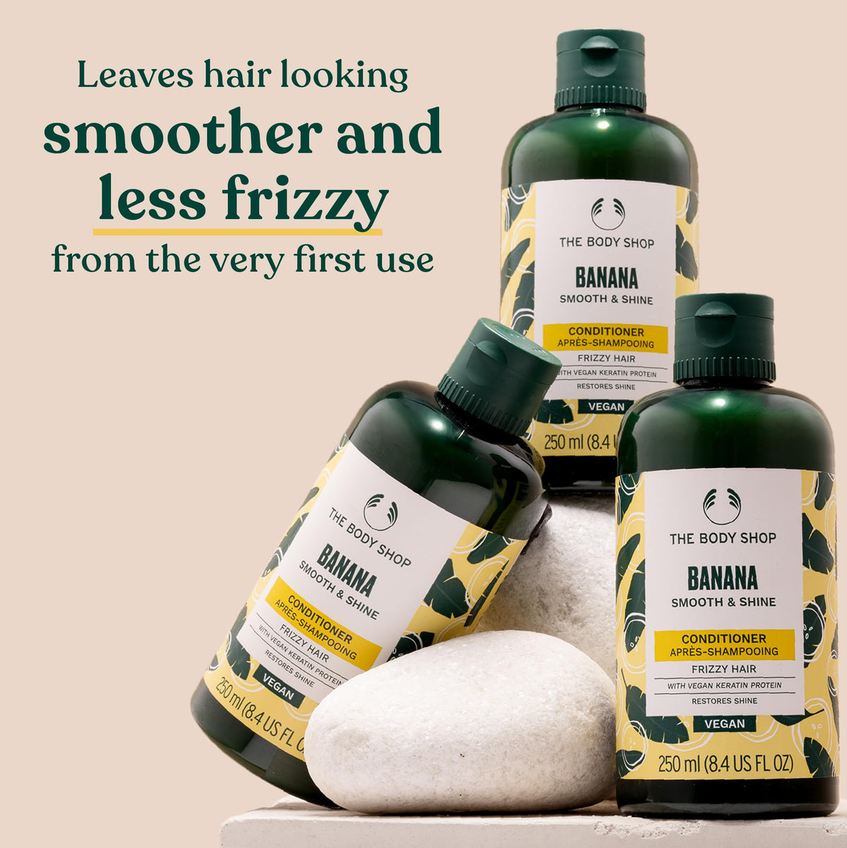 Banana Conditioner creamy texture on palm emphasizes smoothing action for manageable hair
