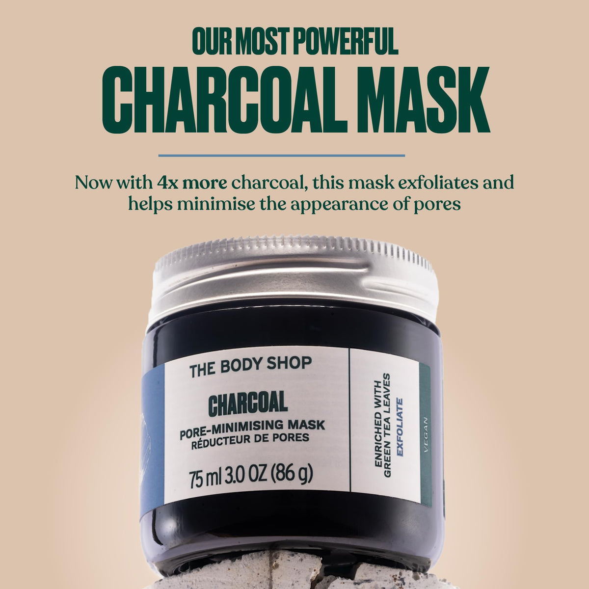 The Body Shop Charcoal Purifying Glow Mask jar showing tingling clay texture