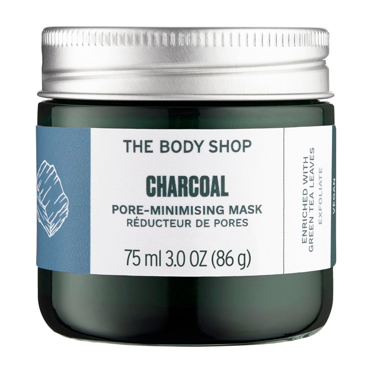 The Body Shop Himalayan Charcoal Purifying Glow Mask packaging highlighting vegan formula and clean ingredients