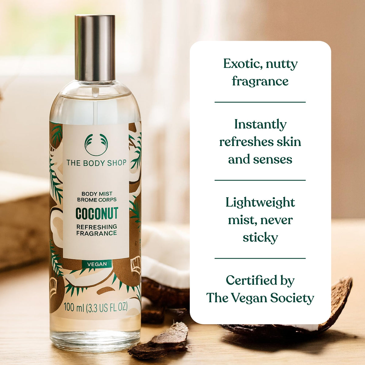 The Body Shop Coconut Body Mist being applied to wrist for quick refresh
