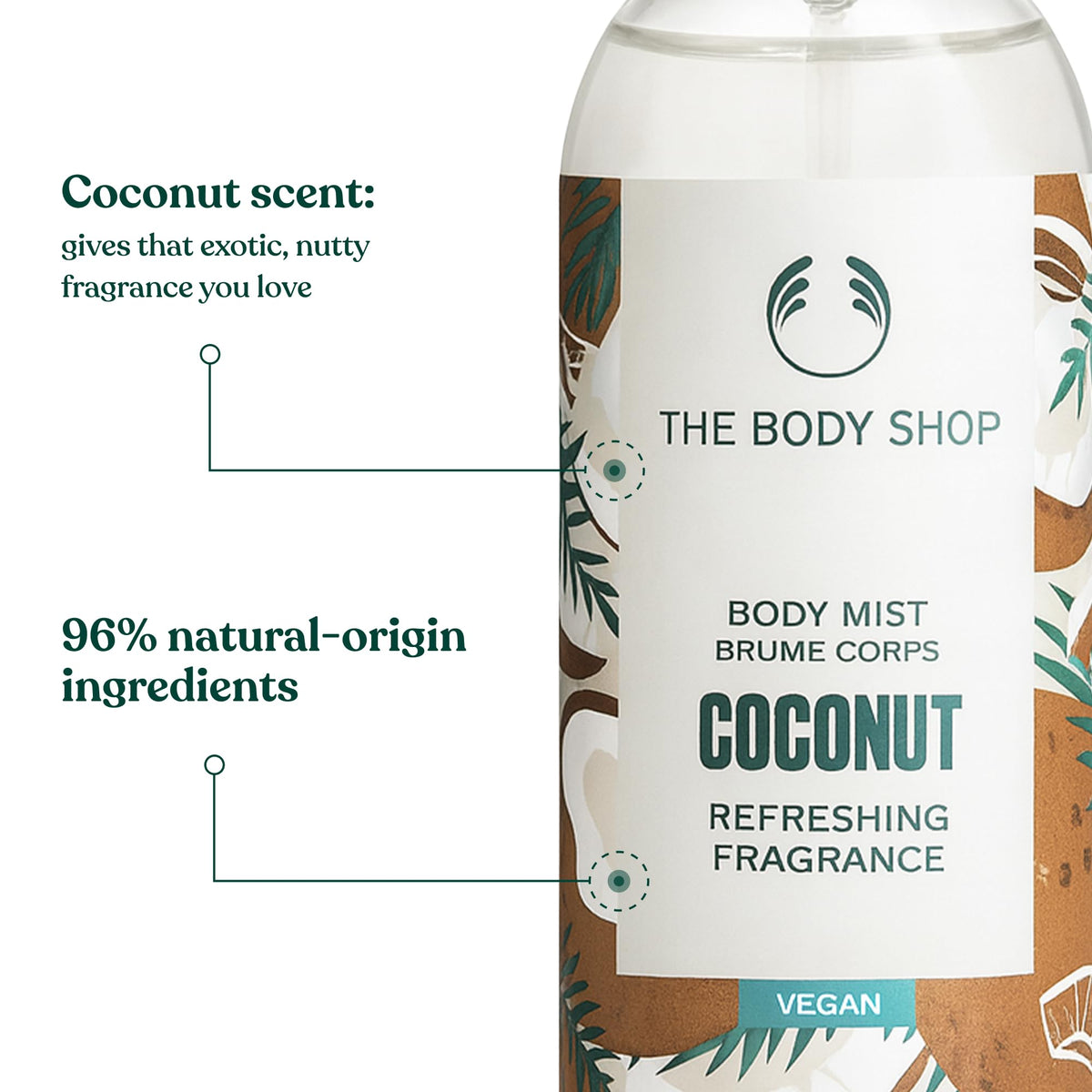 The Body Shop Coconut Body Mist packaging made with recyclable glass
