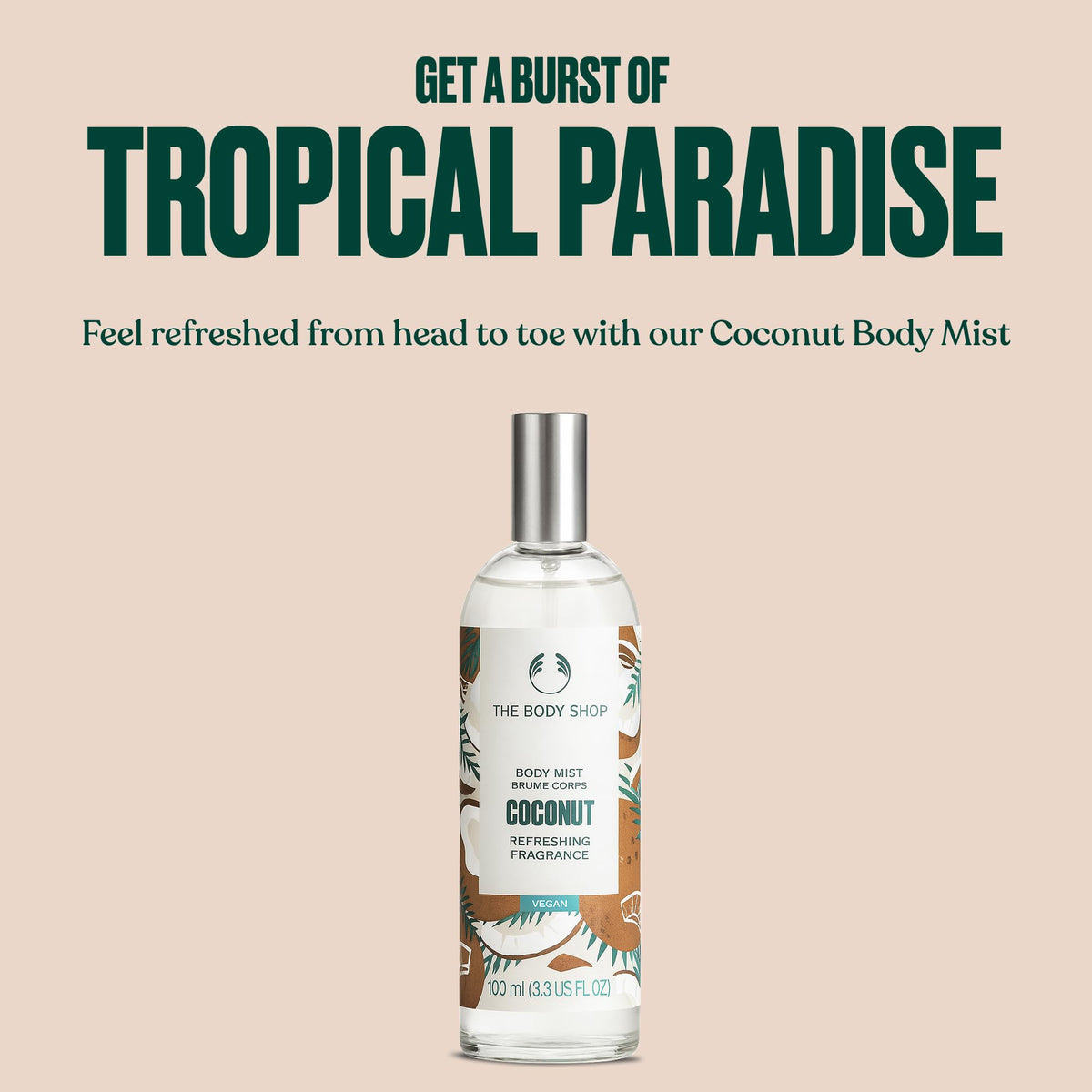 The Body Shop Coconut Body Mist spray in action for quick cooling