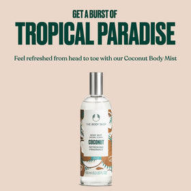 The Body Shop Coconut Body Mist spray in action for quick cooling