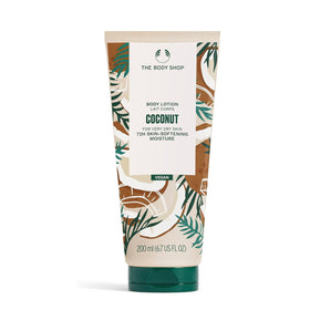 The Body Shop Coconut Nourishing Body Milk bottle pour provides lightweight hydration for very dry skin.