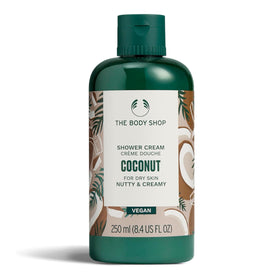 The Body Shop Coconut Shower Cream bottle highlighting creamy hydration for dry skin.