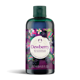 The Body Shop Dewberry bath gel bottle offers a gentle cleanse with a fruity scent.
