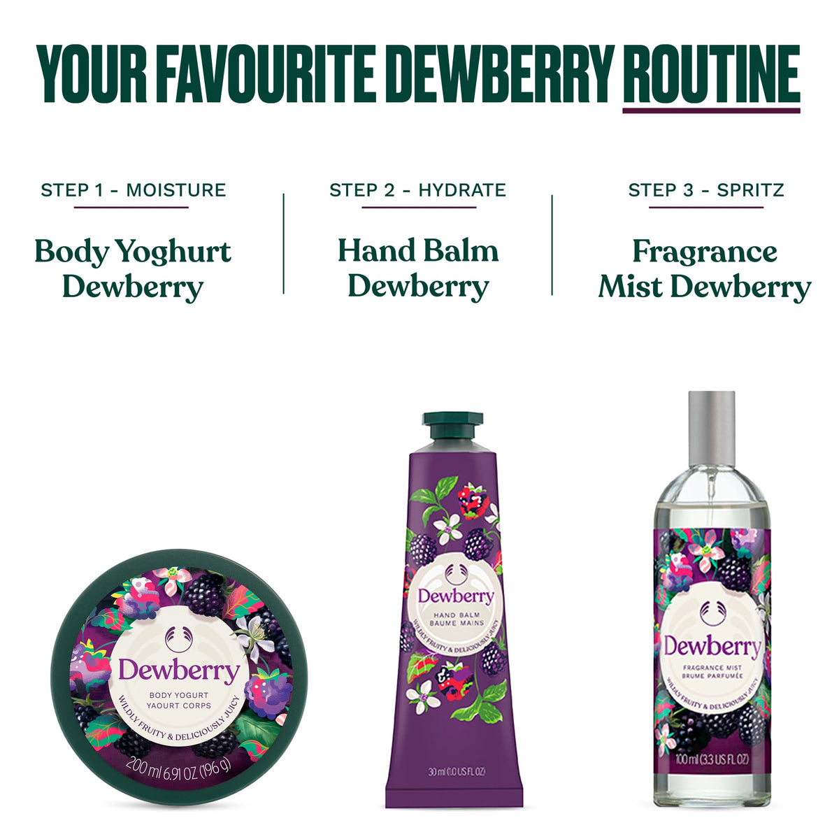 The Body Shop Dewberry notes of rose, jasmine, freesia, lily create a comforting scent.