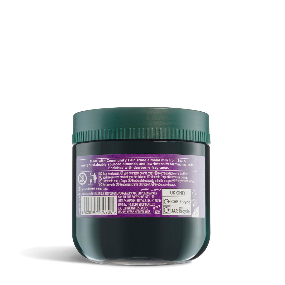 The Body Shop Dewberry Body Yogurt on hand applying for instant cooling and moisturization.