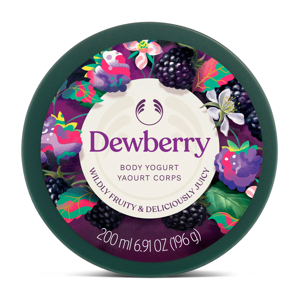 The Body Shop Dewberry Body Yogurt texture closeup showing light, non-greasy absorption.