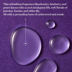 Label detail of The Body Shop Dewberry Fragrance Mist showing notes like jasmine and white lily.