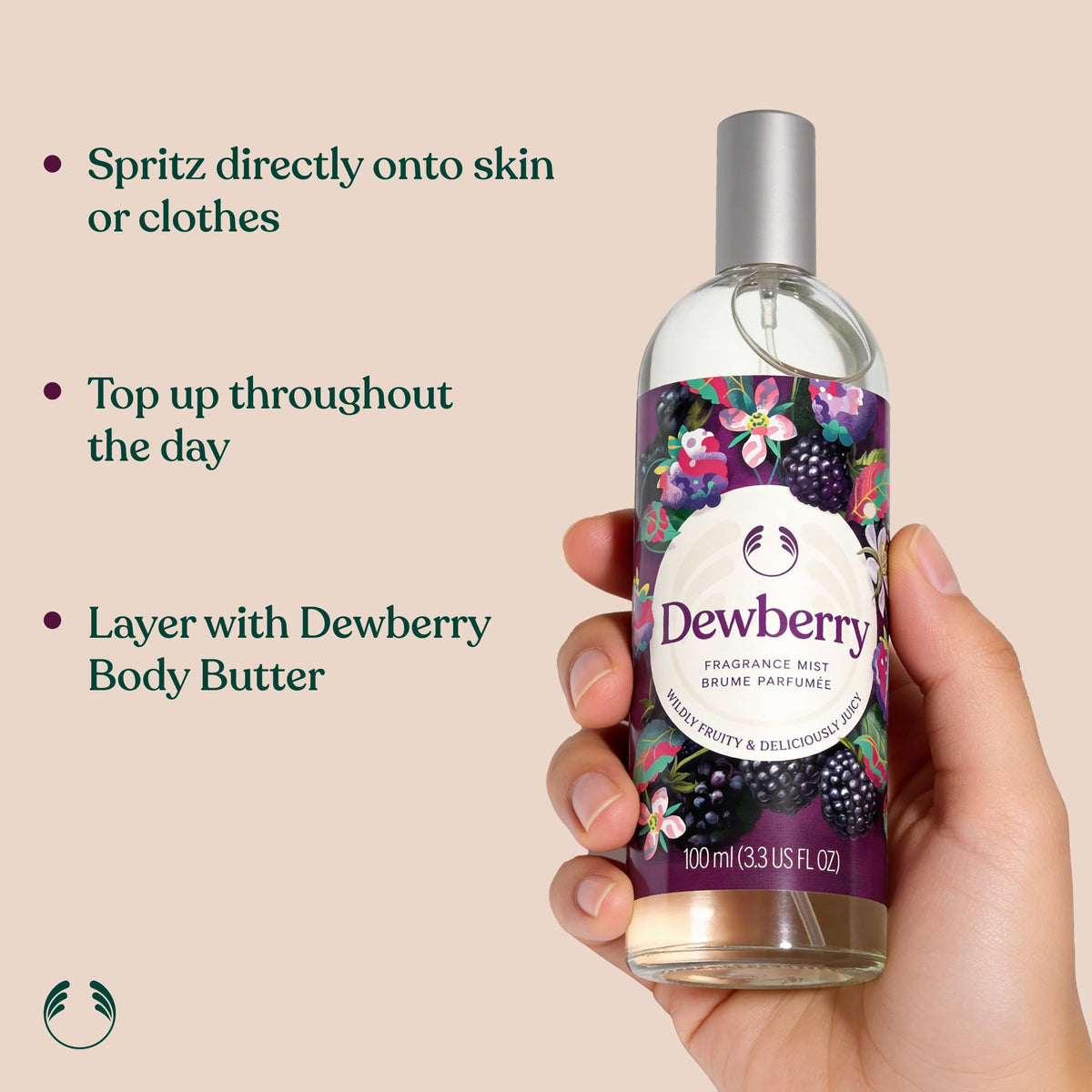 The Body Shop Dewberry Fragrance Mist packaging on a store shelf.