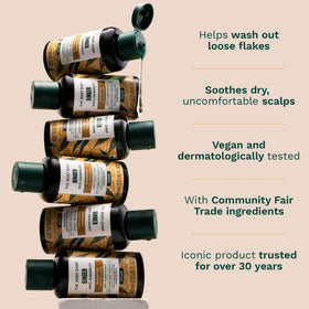 The Body Shop Ginger Scalp Care Shampoo on a bathroom shelf emphasizes eco-friendly packaging.