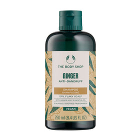 The Body Shop Ginger Scalp Care Shampoo bottle signals a soothing, ginger-infused cleanse.