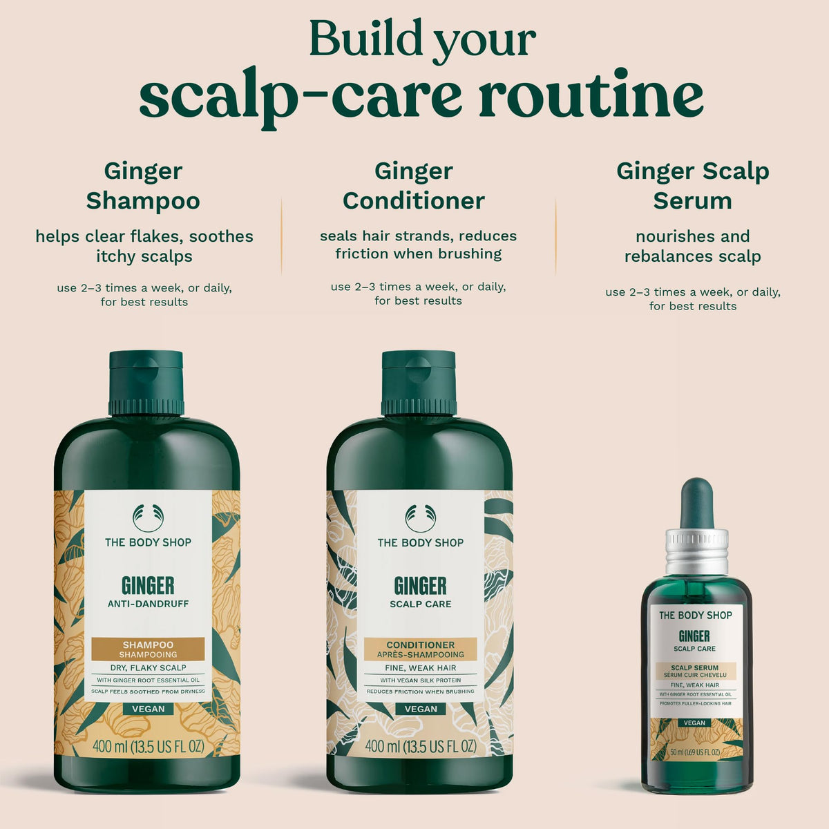 Ginger Scalp Care Shampoo bottle shows vegan silk protein and natural-origin formula.