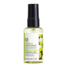 The Body Shop Grapeseed Glossing Serum bottle closeup for smooth shine