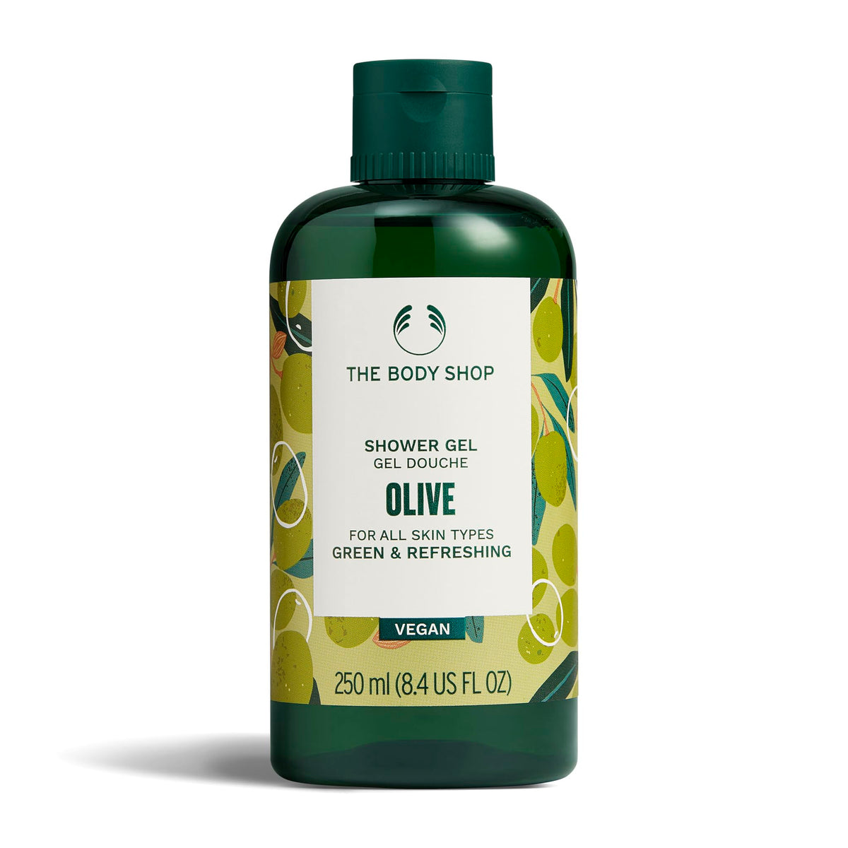 The Body Shop Olive Shower Gel bottle with olive oil for soft skin and gentle cleanse.