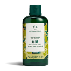 The Body Shop Olive Shower Gel bottle with olive oil for soft skin and gentle cleanse.