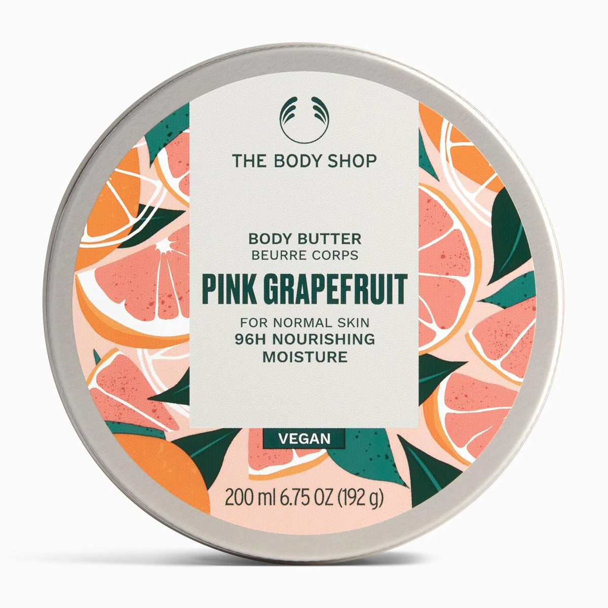 The Body Shop Pink Grapefruit Body Butter jar close-up highlighting nourishing formula.