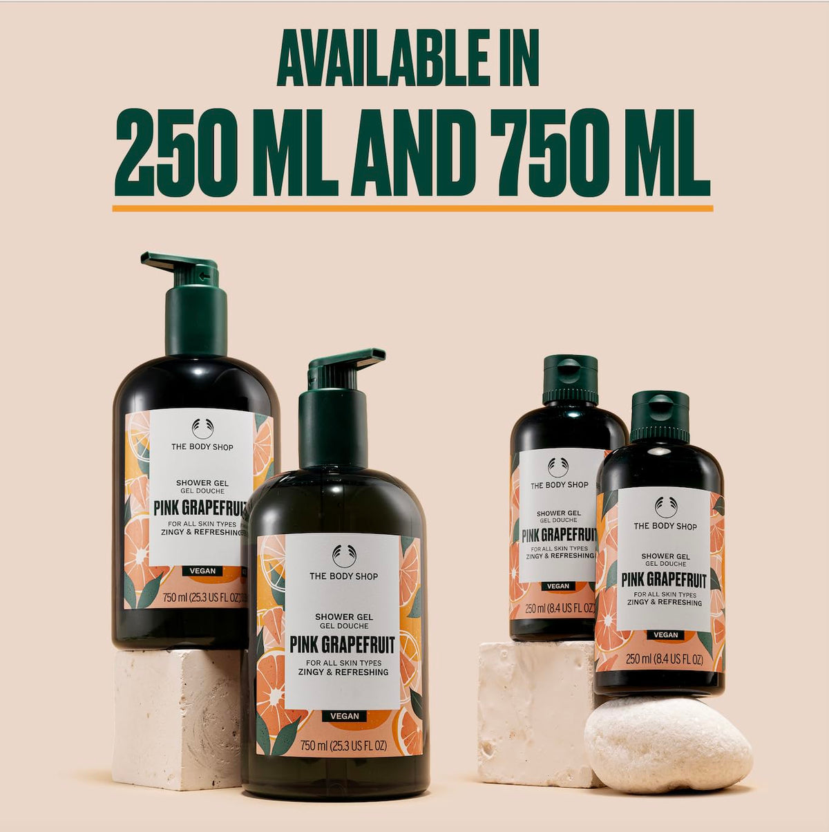 The Body Shop Pink Grapefruit Shower Gel label confirms cruelty-free and vegan-certified