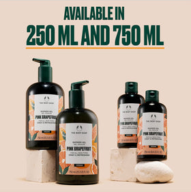 The Body Shop Pink Grapefruit Shower Gel label confirms cruelty-free and vegan-certified