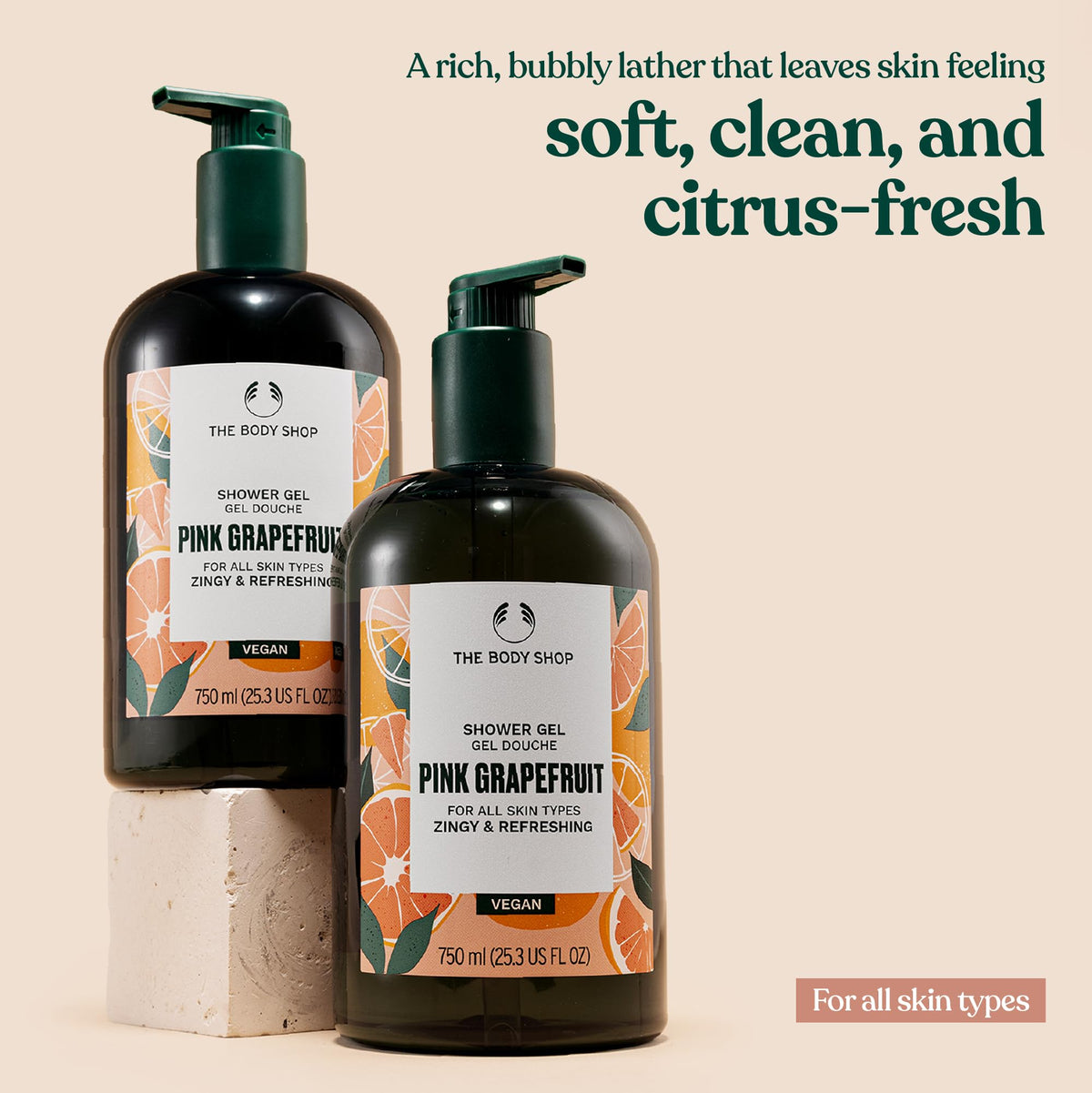 The Body Shop Pink Grapefruit Shower Gel pour reveals foamy lather