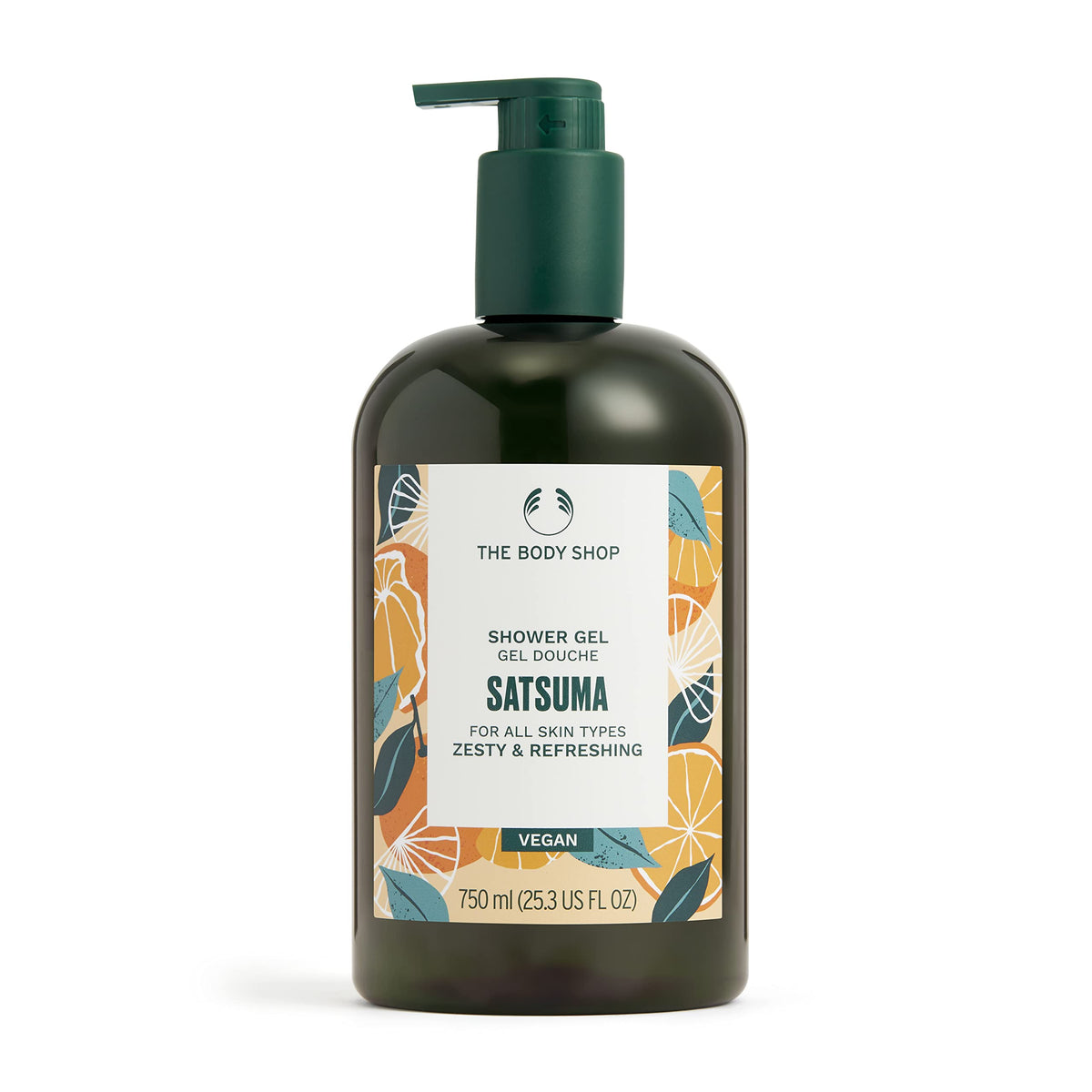 The Body Shop Satsuma Shower Gel bottle shows a vibrant citrus scent for refreshing showers.