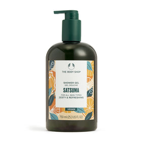 The Body Shop Satsuma Shower Gel bottle shows a vibrant citrus scent for refreshing showers.