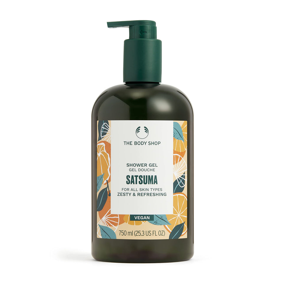 The Body Shop Satsuma Shower Gel bottle shows a vibrant citrus scent for refreshing showers.
