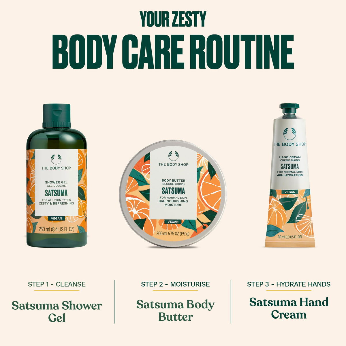 The Body Shop Satsuma Shower Gel foam drops illustrate rich cleansing lather.
