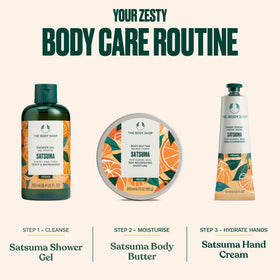 The Body Shop Satsuma Shower Gel foam drops illustrate rich cleansing lather.