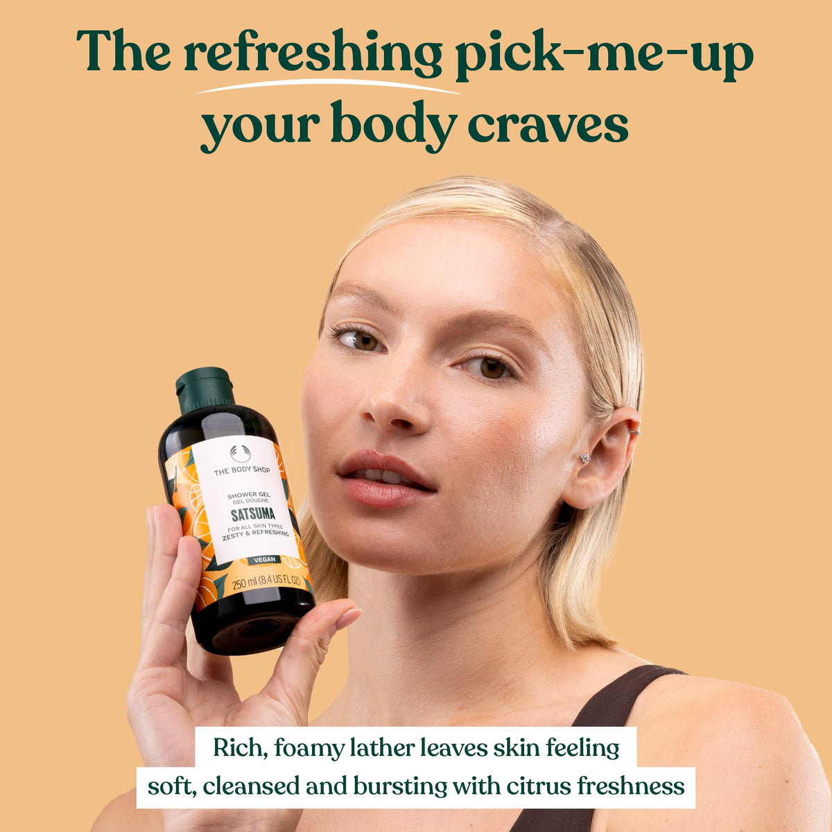 The Body Shop Satsuma Shower Gel label emphasizes vegan certification and natural origin.
